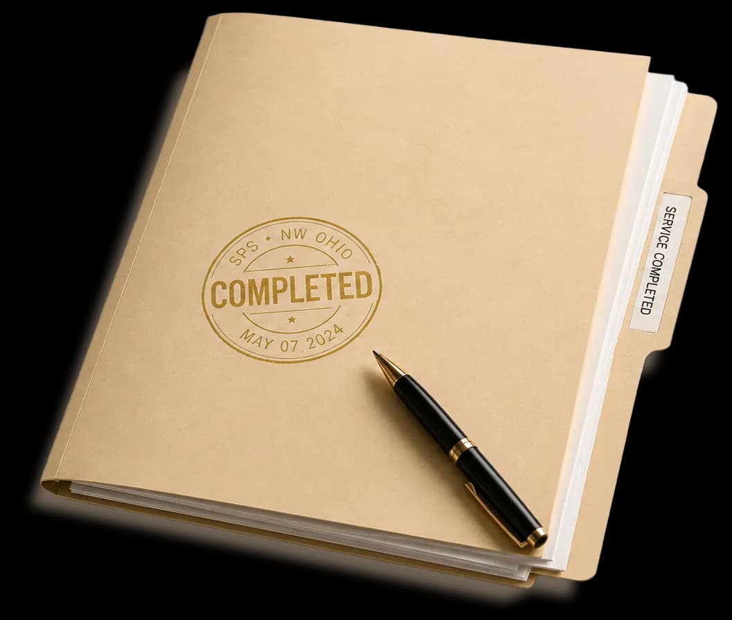 A closed manila case folder marked with a green COMPLETED stamp reading SPS · NW OHIO · MAY 07 2024, a fountain pen resting across it, and a SERVICE COMPLETED tab.